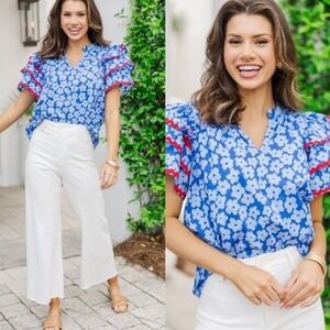 Entro Womens Floral Print Ruffle Sleeve Blouse Top Size L Red Blue Patriotic